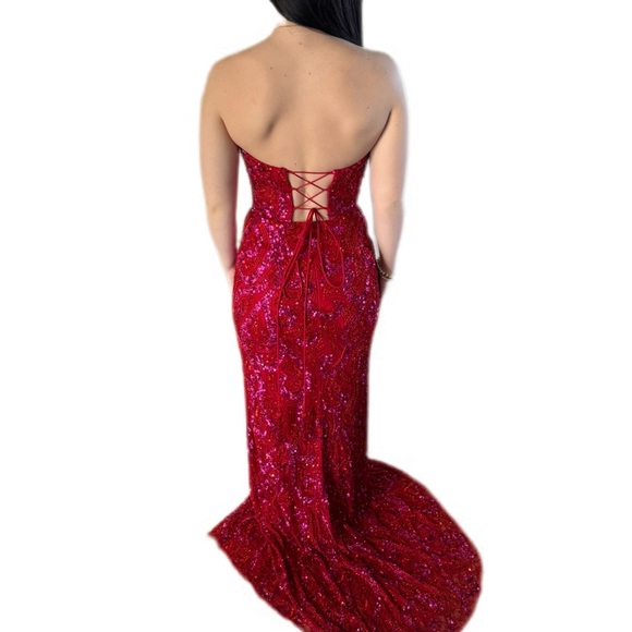 fitted lace wedding dress Sherri Hill Strapless Satin Corset Prom Dress 56161 Red / 18 main image 0